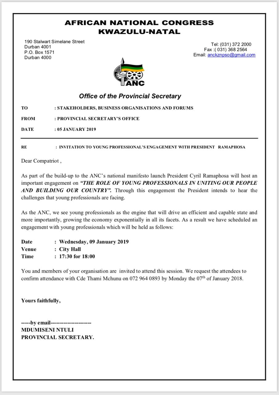 ANC President Cyril Ramaphosa to engage Professionals in Durban