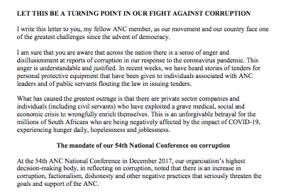 Letter from ANC President on Corruption