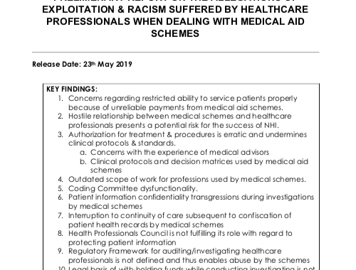 PRELIMINARY REPORT ON THE ALLEGATIONS OF EXPLOITATION & RACISM SUFFERED BY HEALTHCARE PROFESSIONALS WHEN DEALING WITH MEDICAL AID SCHEMES