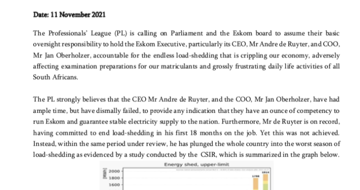 Professionals’ League Calls on Parliament to hold the Eskom CEO and COO accountable