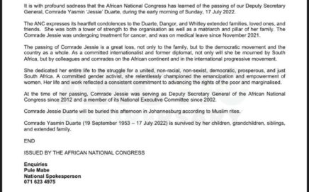 ANC MOURNS THE PASSING OF ITS DEPUTY SECRETARY GENERAL, JESSIE DUARTE