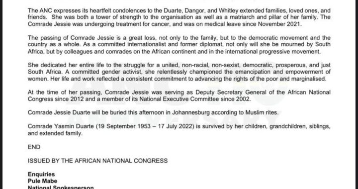 ANC MOURNS THE PASSING OF ITS DEPUTY SECRETARY GENERAL, JESSIE DUARTE