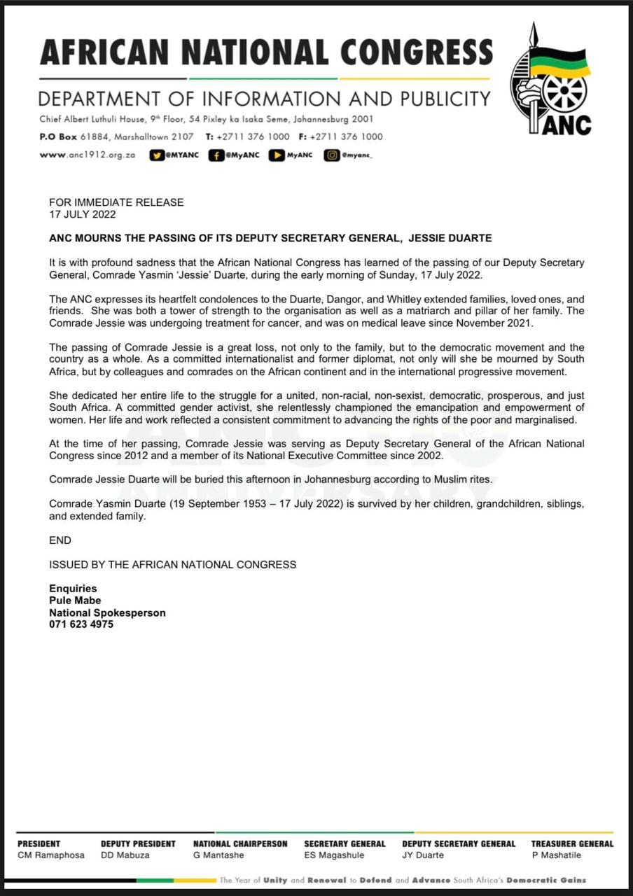ANC MOURNS THE PASSING OF ITS DEPUTY SECRETARY GENERAL, JESSIE DUARTE
