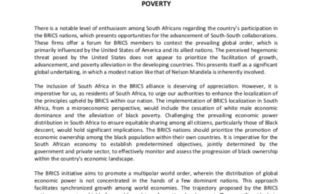 IN SOUTH AFRICA BRICS MUST BE A CATALYST TO REVERSE BLACK POVERTY